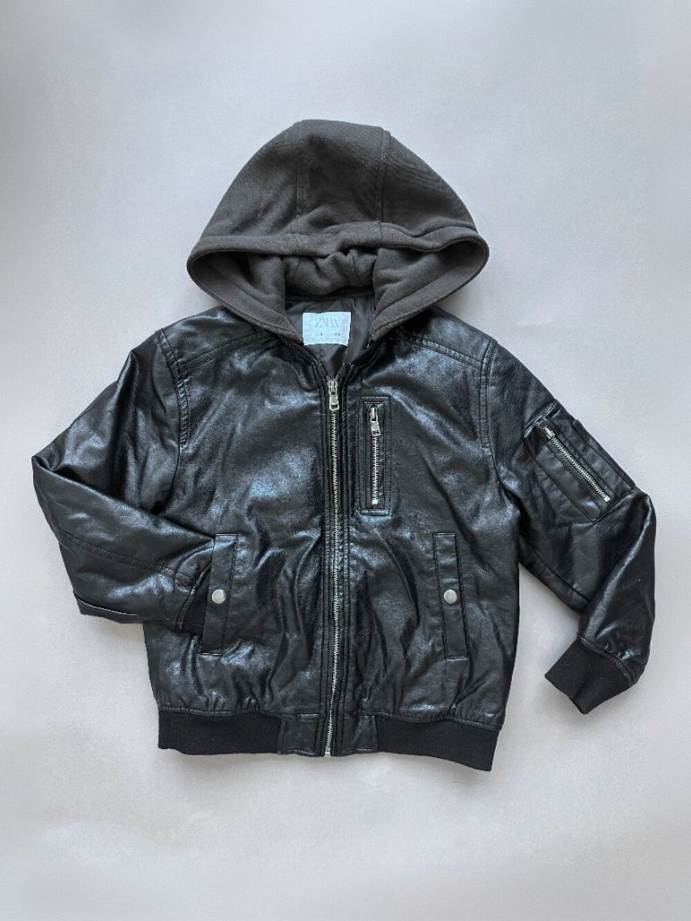 Zara Kids Black Faux Leather Bomber Jacket with Removable Hood Size 8